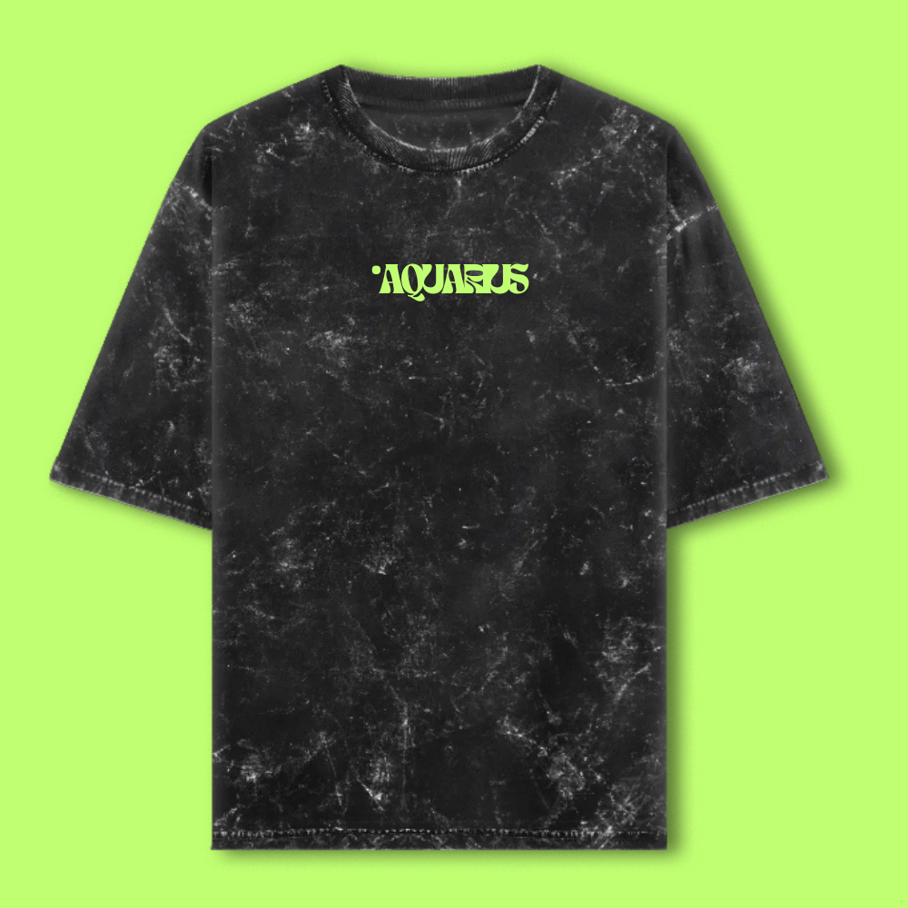 Aquarius Zodiac Text Tshirt | Zodiac Series Unisex Acid Washed TShirt
