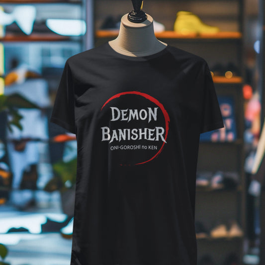 Black Demon Banisher Unisex T-Shirt inspired by Demon Slayer on a mannequin, front view