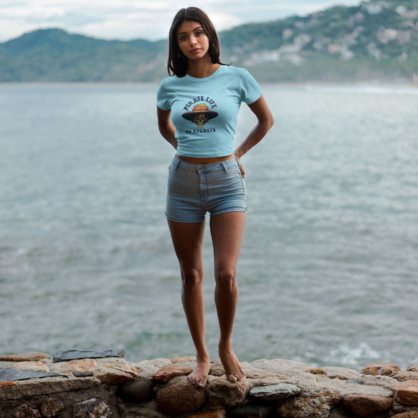 Cyan Pirate Life Crop Top with eye-catching anime artwork.