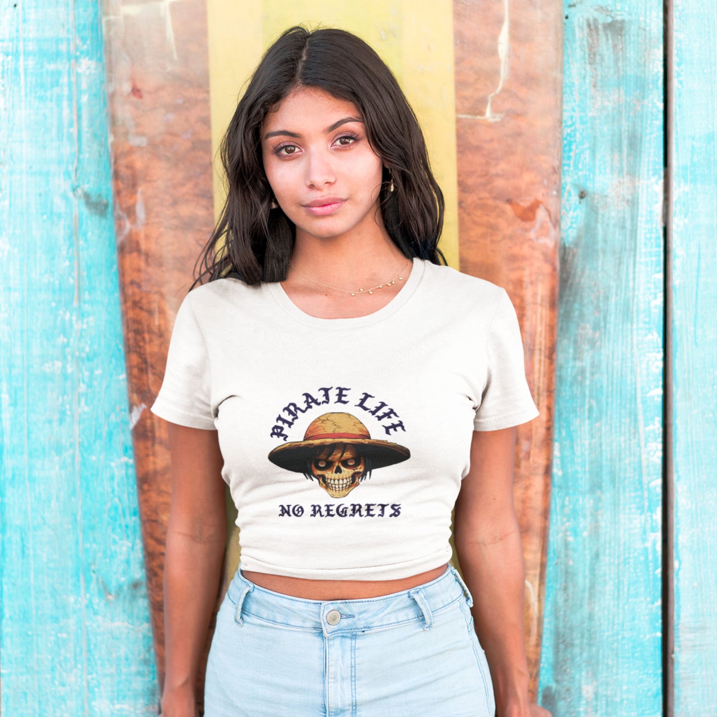 White Pirate Life Crop Top showcasing bold anime illustrations.