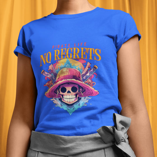 Woman wearing a royal blue Pirate Life T-Shirt with anime design, round neck, unisex fit