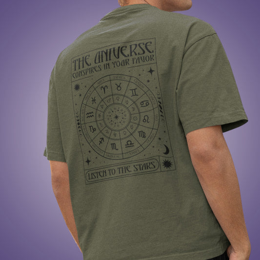 Zodiac Stars Oversized Top: Astro Universe Design - Olive Green Back Print