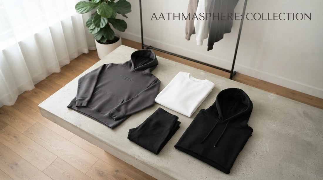 Aathmasphere minimalist streetwear collection featuring premium black and grey hoodies, sweatshirts, crop tops, and leggings neatly laid out on a concrete studio table.