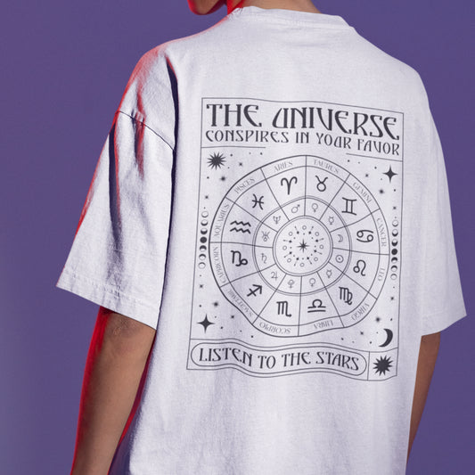 Astro Universe Oversized Tee: Stars Zodiac Theme - White Back Print