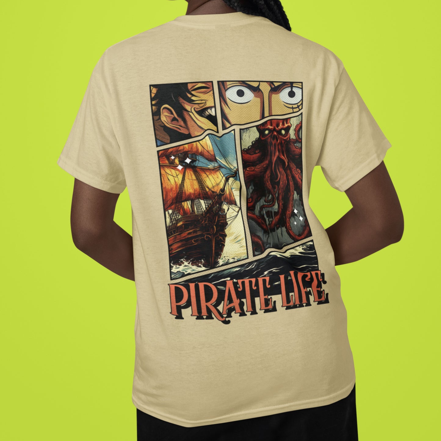 Back view of Beige Pirate Life Oversized T-Shirt showcasing anime-inspired graphics.