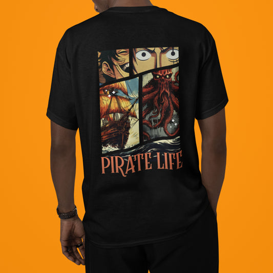 Back view of Black Pirate Life Oversized T-Shirt with bold anime illustrations.