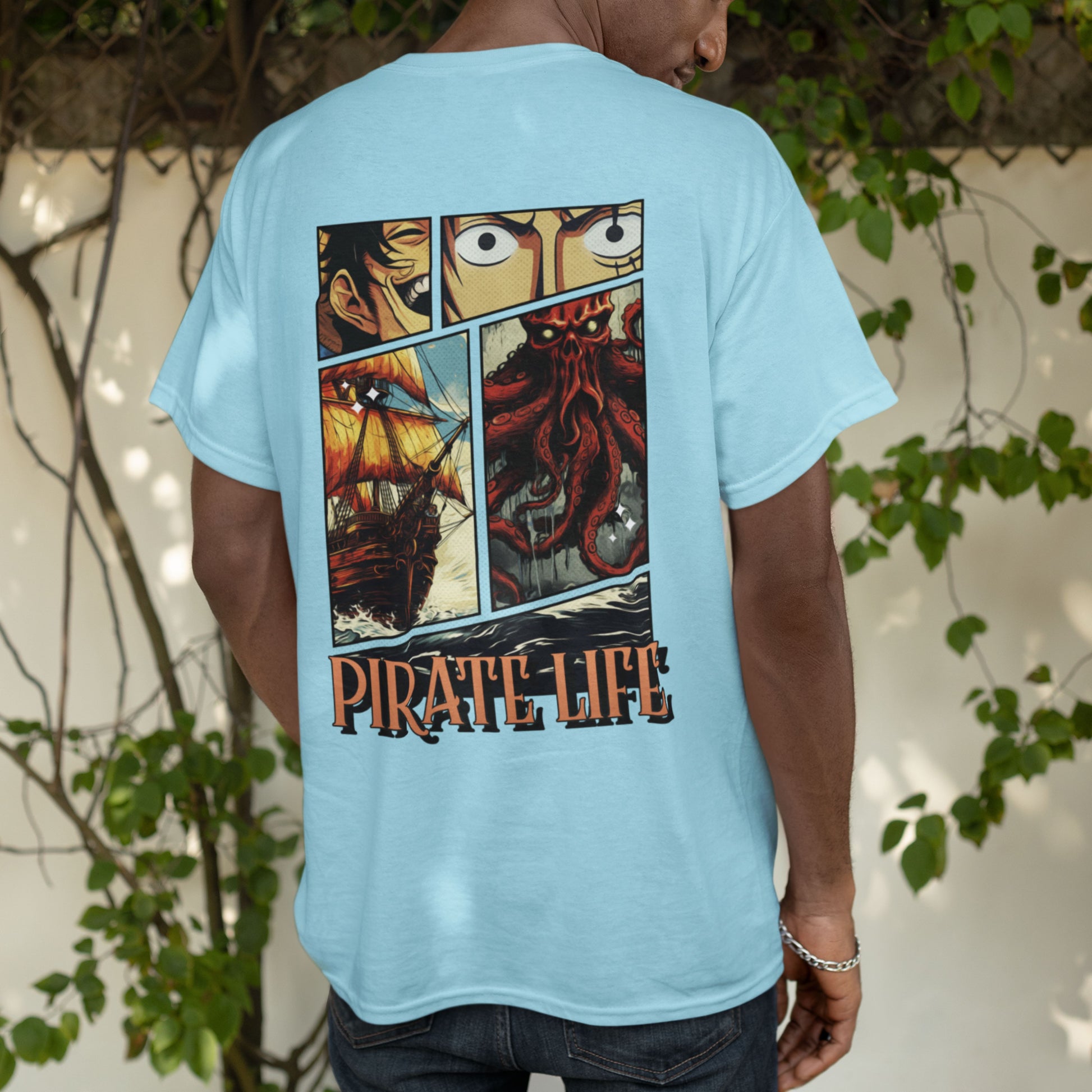 Back view of Cyan Pirate Life Oversized T-Shirt displaying anime-inspired design.