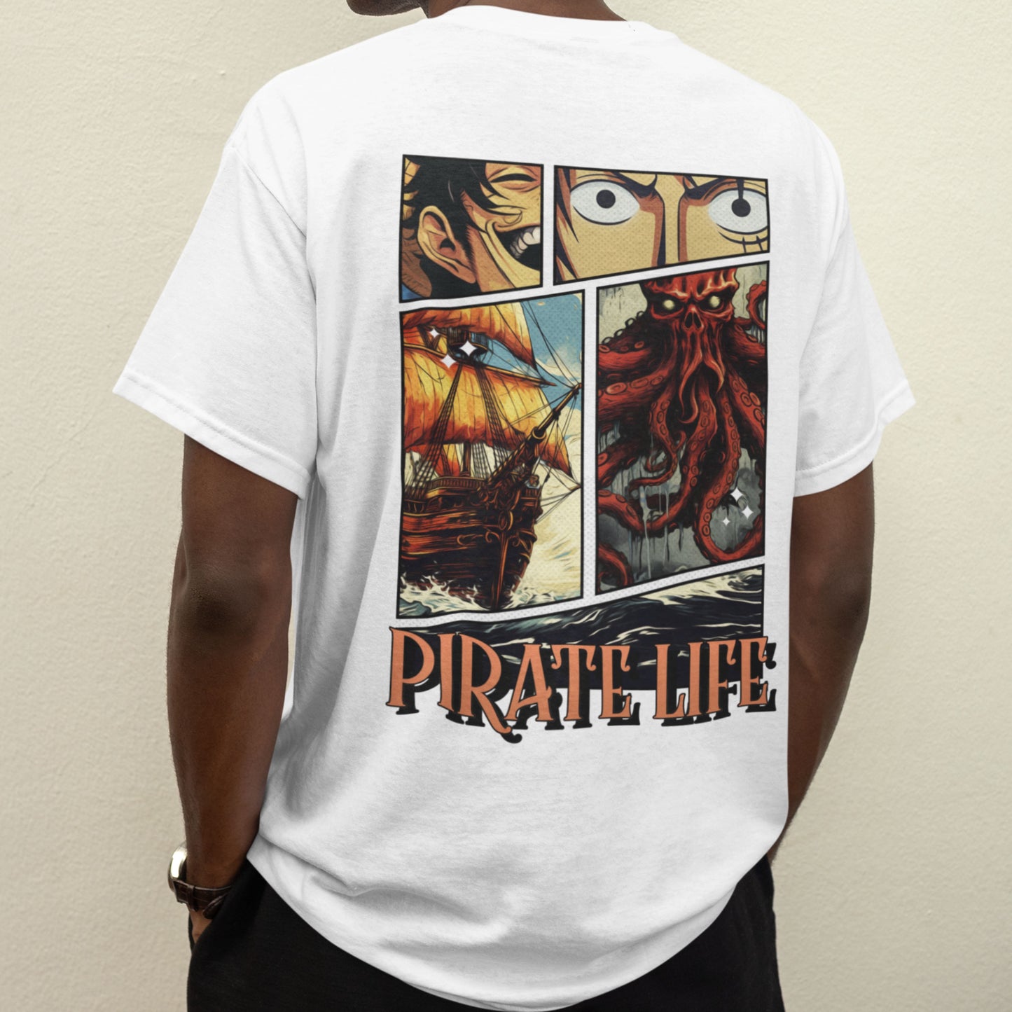 Back view of White Pirate Life Oversized T-Shirt featuring vibrant anime artwork.