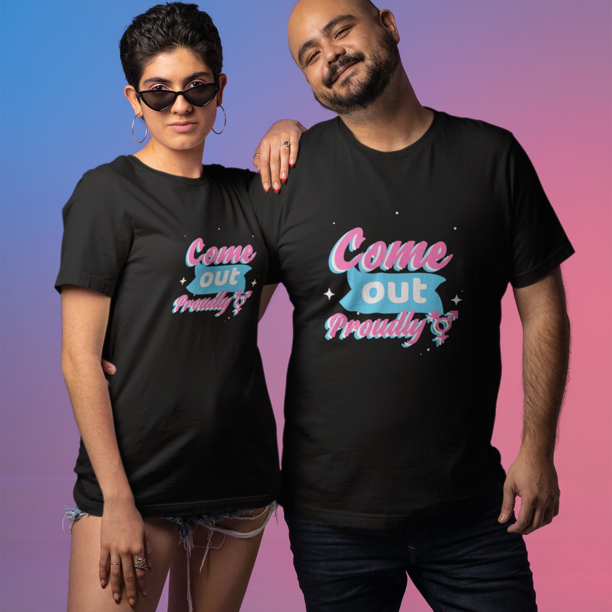  Bold Black "Come Out Proudly" T-Shirt, ideal for Pride events.