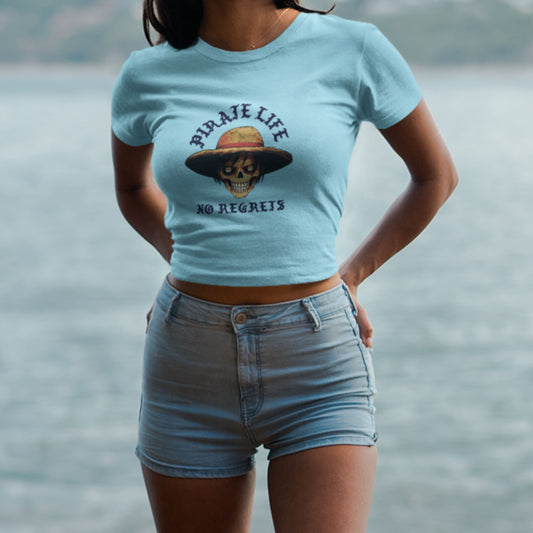 Bright cyan Pirate Life Crop Top featuring captivating anime graphics.
