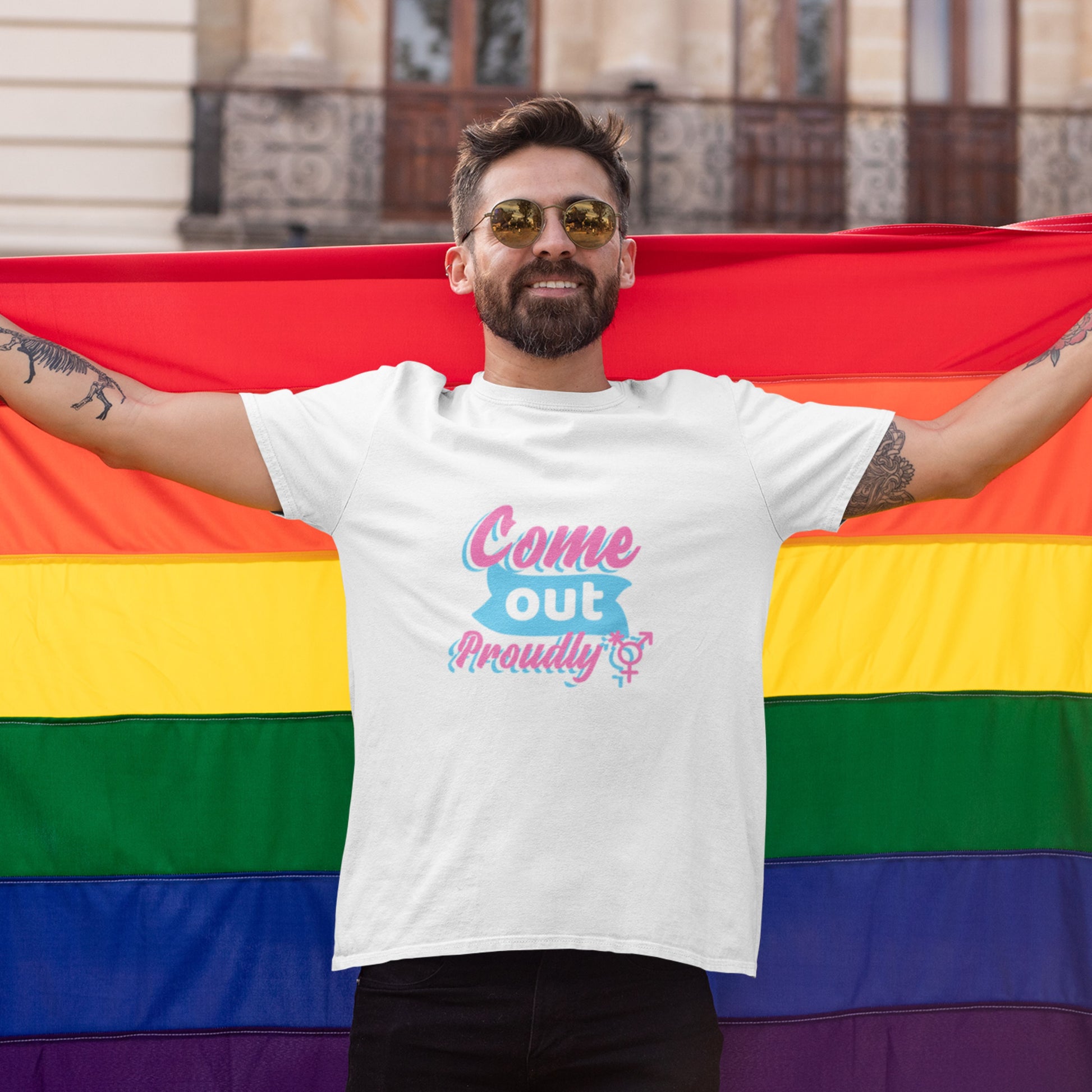 Classic White "Come Out Proudly" T-Shirt, perfect for showing Pride.