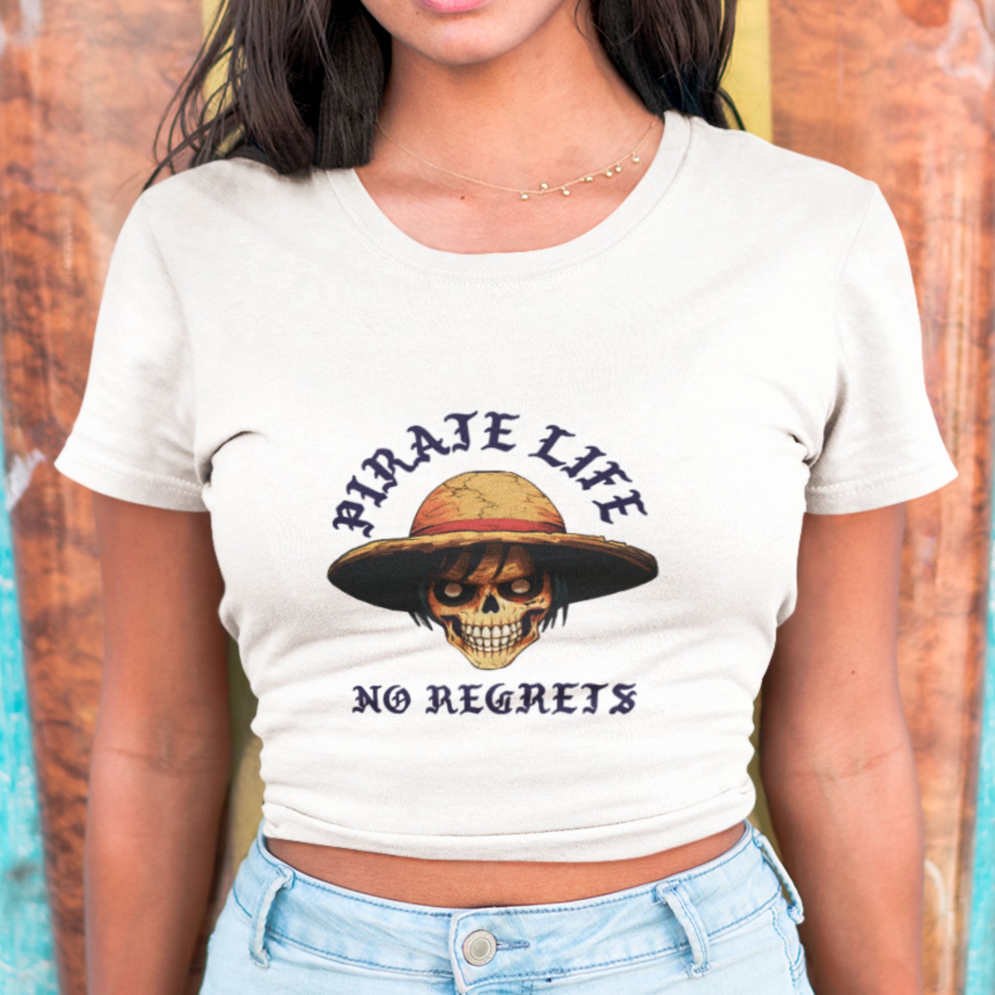 Classic white Pirate Life Crop Top displaying dynamic anime design.