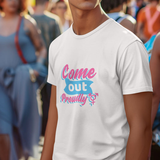 Crisp White Pride T-Shirt featuring "Come Out Proudly" slogan.