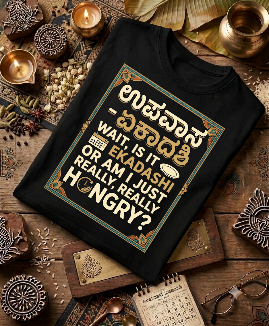A black folded graphic T-shirt is displayed on a rustic wooden surface surrounded by decorative props including brass lamps, spices, a calendar, glasses, and leaves. The shirt features a large rectangular printed design with Kannada and English text in gold, beige, and teal tones reading, 'Wait, is it Ekadashi or am I just really hungry?'.
