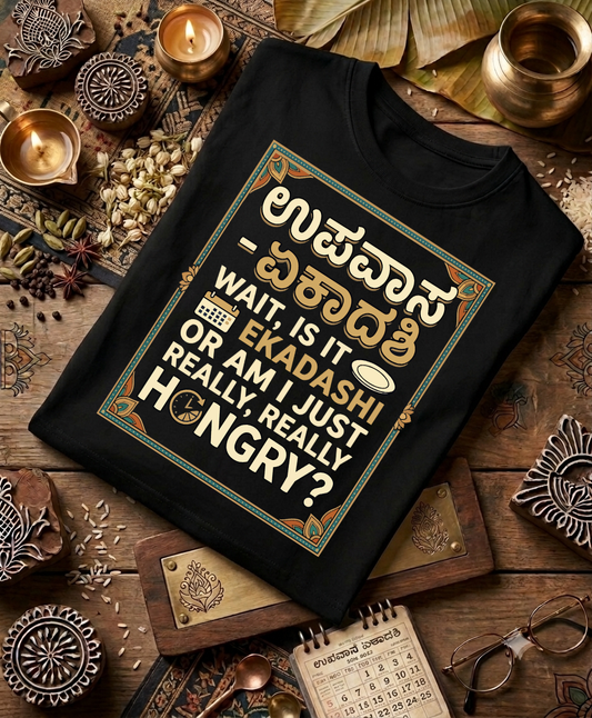 A black folded graphic T-shirt is displayed on a rustic wooden surface surrounded by decorative props including brass lamps, spices, a calendar, glasses, and leaves. The shirt features a large rectangular printed design with Kannada and English text in gold, beige, and teal tones reading, 'Wait, is it Ekadashi or am I just really hungry?'.