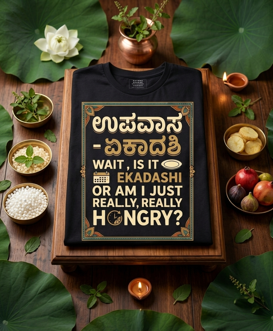 A black graphic T-shirt laid flat on a wooden board, surrounded by lotus leaves, small bowls of food ingredients, and lit candles. The shirt features a decorative gold-bordered design with Kannada text at the top and English text below reading, 'WAIT, IS IT EKADASHI OR AM I JUST REALLY, REALLY HUNGRY?'.