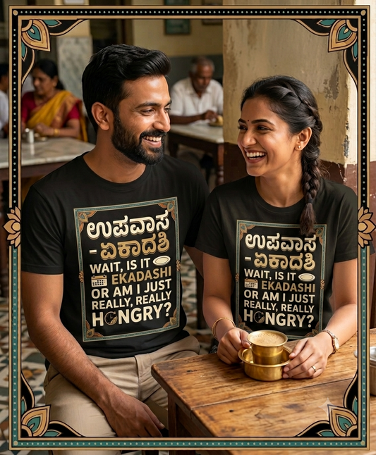 Flat-lay photo of a black crew-neck t-shirt styled on a wooden surface with a traditional calendar, brass vessel, and wooden printing blocks. The shirt design features bold Kannada text and beige English typography inside a decorative frame that reads, "Wait, is it EKADASHI OR AM I JUST REALLY, REALLY HUNGRY?"