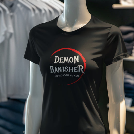 Female model in a black Demon Banisher Unisex T-Shirt inspired by Demon Slayer