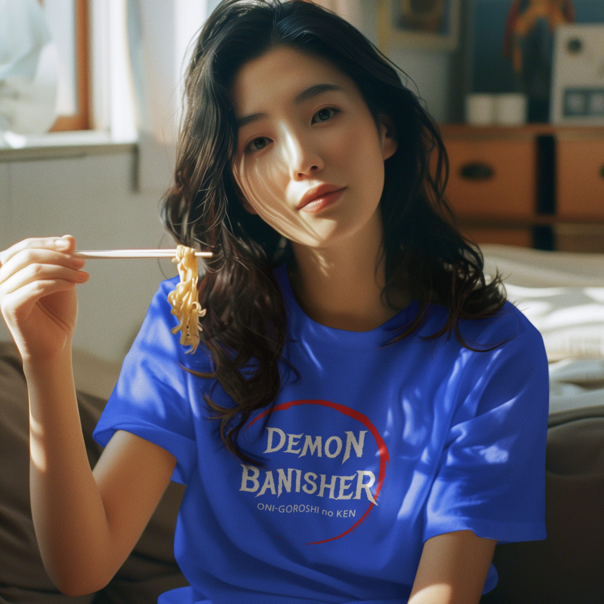 Female model in a royal blue Demon Banisher Unisex T-Shirt featuring Demon Slayer art
