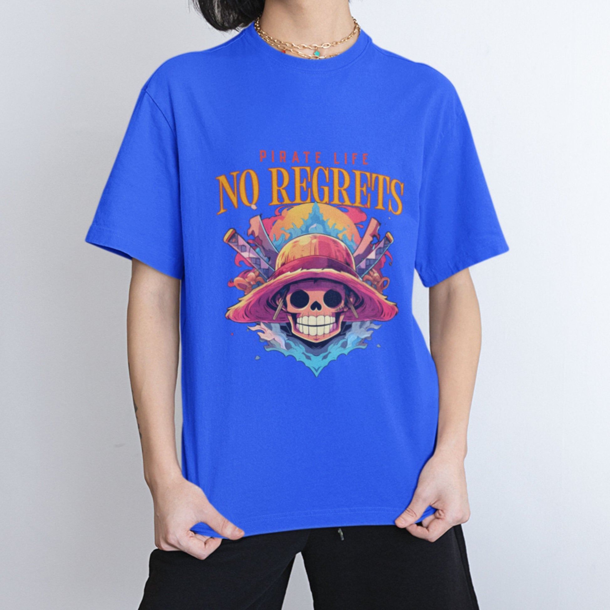 Female model showcasing a royal blue unisex Pirate Life T-Shirt with anime design, round neck" Male: "Male model in a royal blue unisex round neck Pirate Life T-Shirt featuring anime graphics