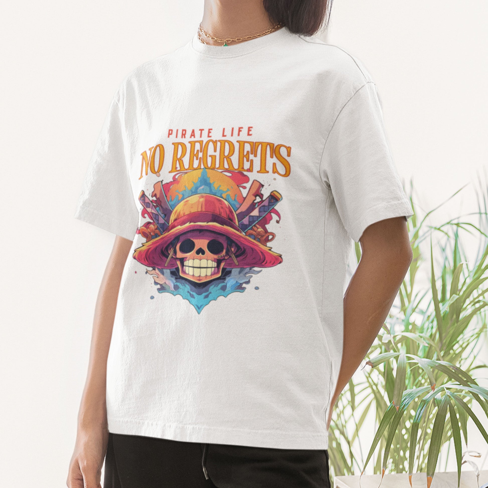 Female model wearing a white oversized Pirate Life T-Shirt with a bold anime design
