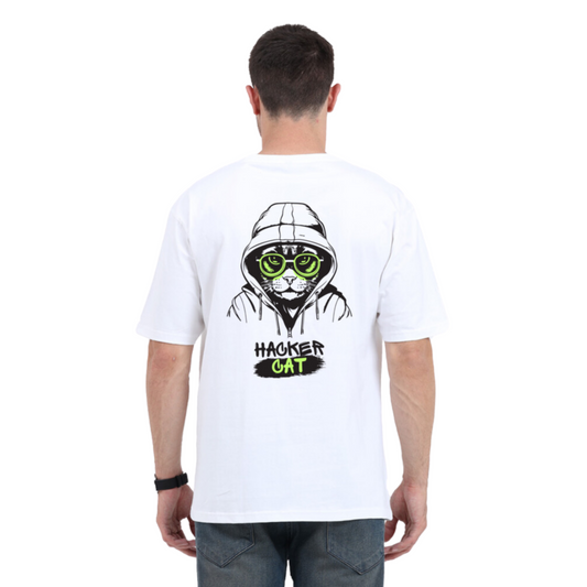White Colored Hacker Cat Oversized TShirt