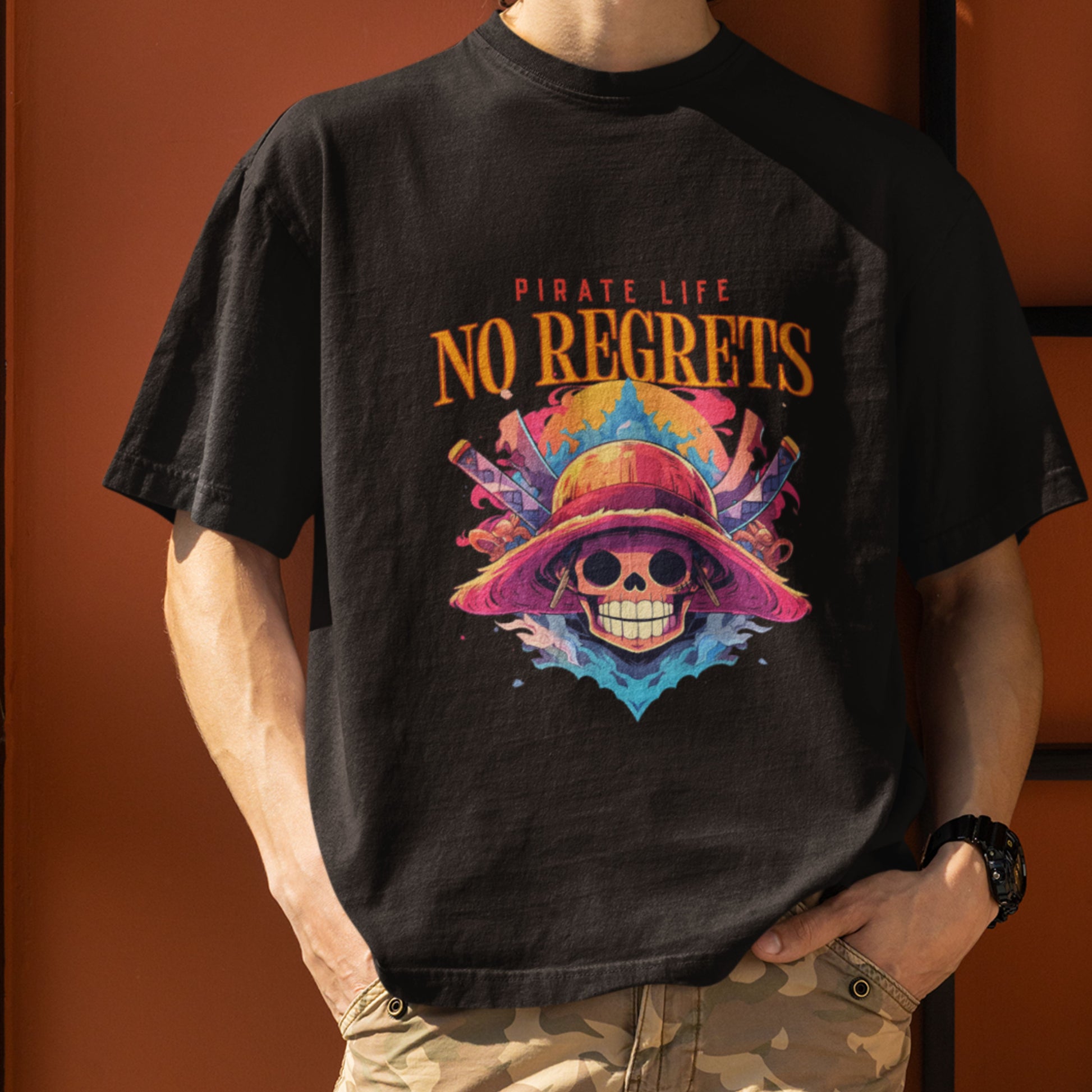 Male model in a black oversized Pirate Life T-Shirt with anime-inspired artwork