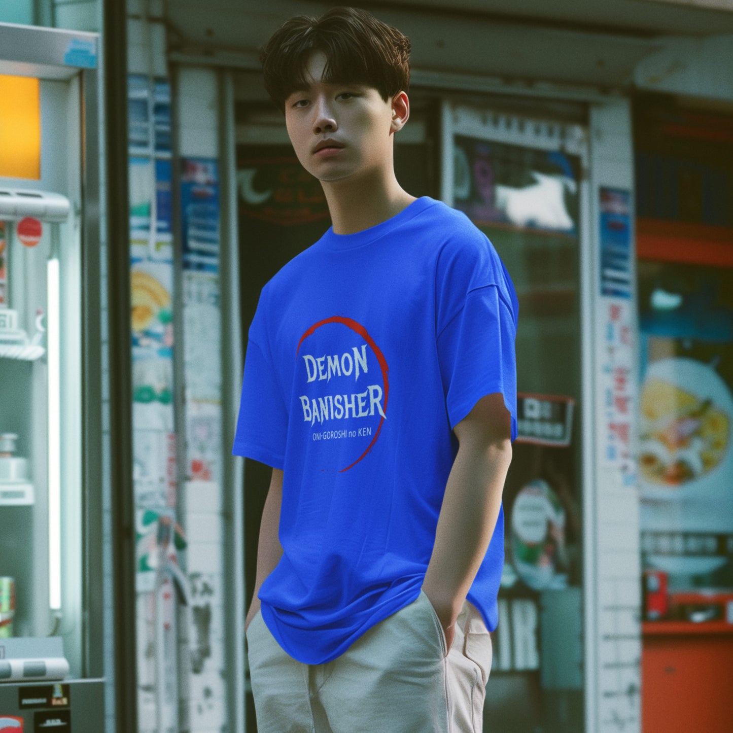 Male model in a royal blue Demon Banisher Unisex T-Shirt with Demon Slayer inspired graphic