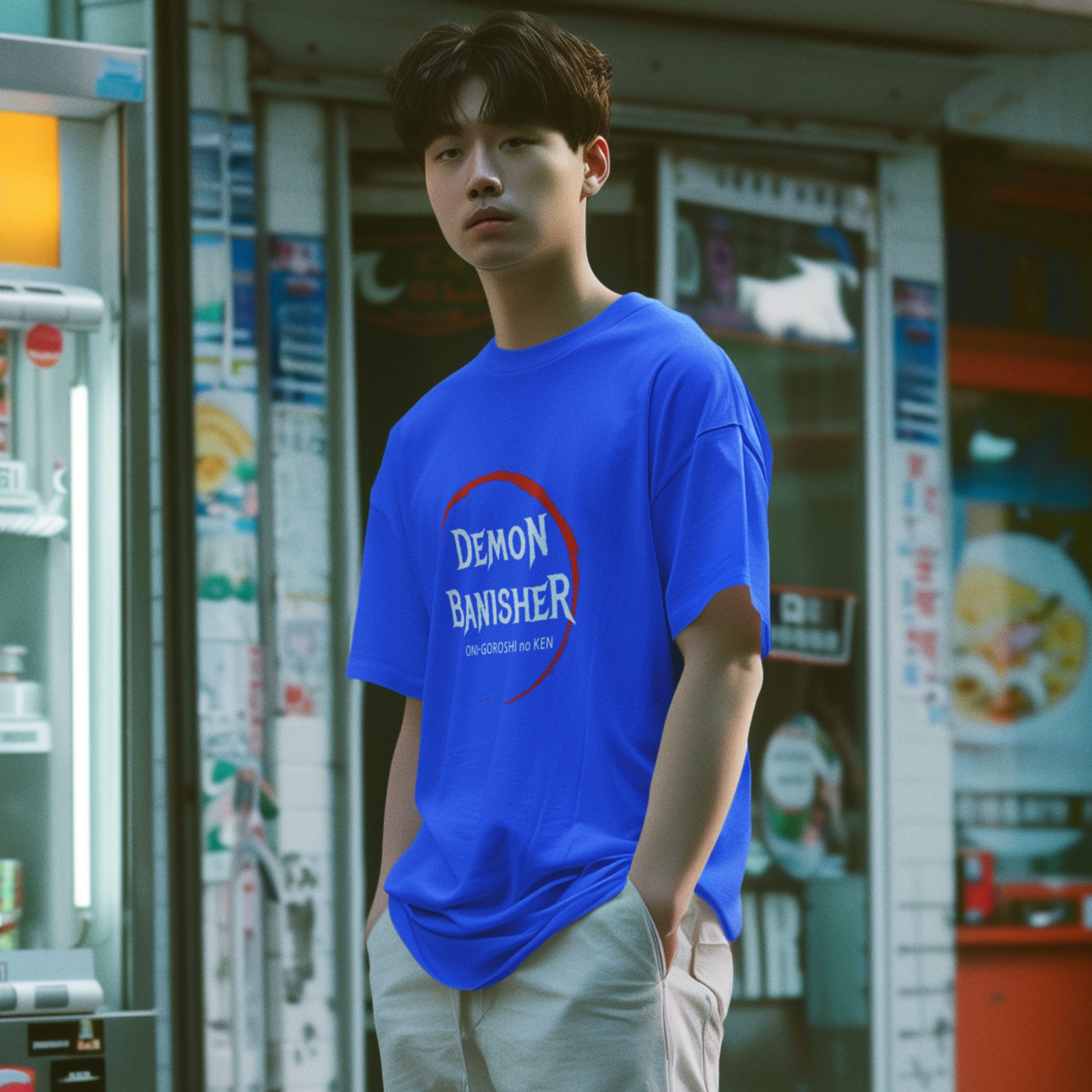 Male model in a royal blue Demon Banisher Unisex T-Shirt with Demon Slayer inspired graphic