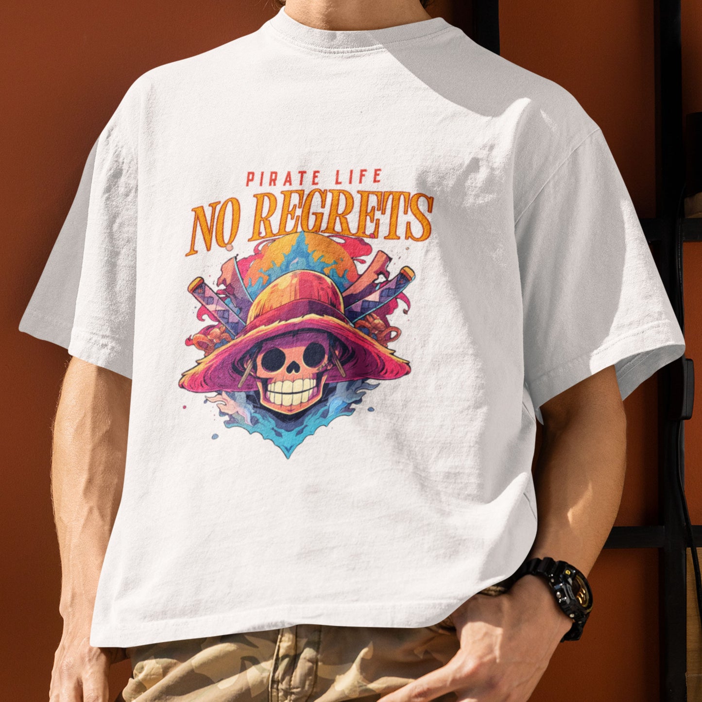 Male model in a white oversized Pirate Life T-Shirt displaying anime graphics