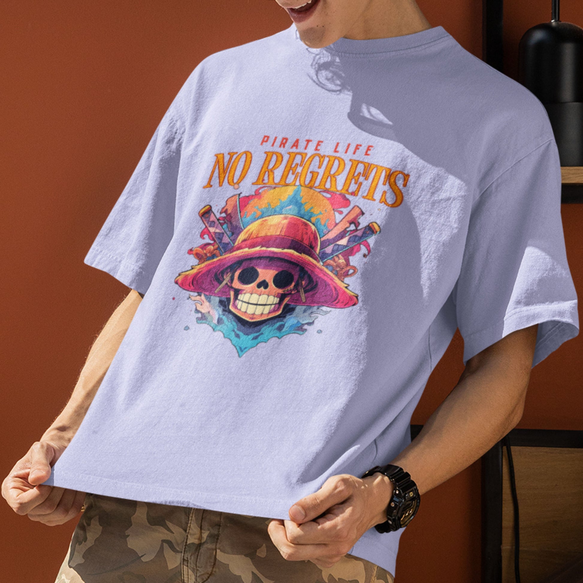 Male model wearing a lavender oversized Pirate Life T-Shirt with anime-themed design