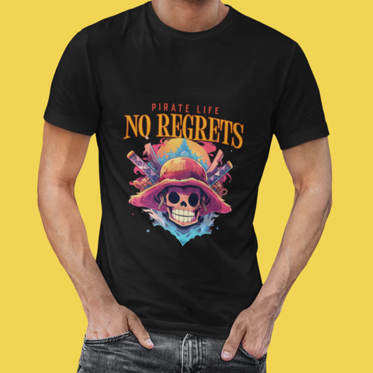 Man wearing a black Pirate Life T-Shirt with anime design, round neck, unisex fit