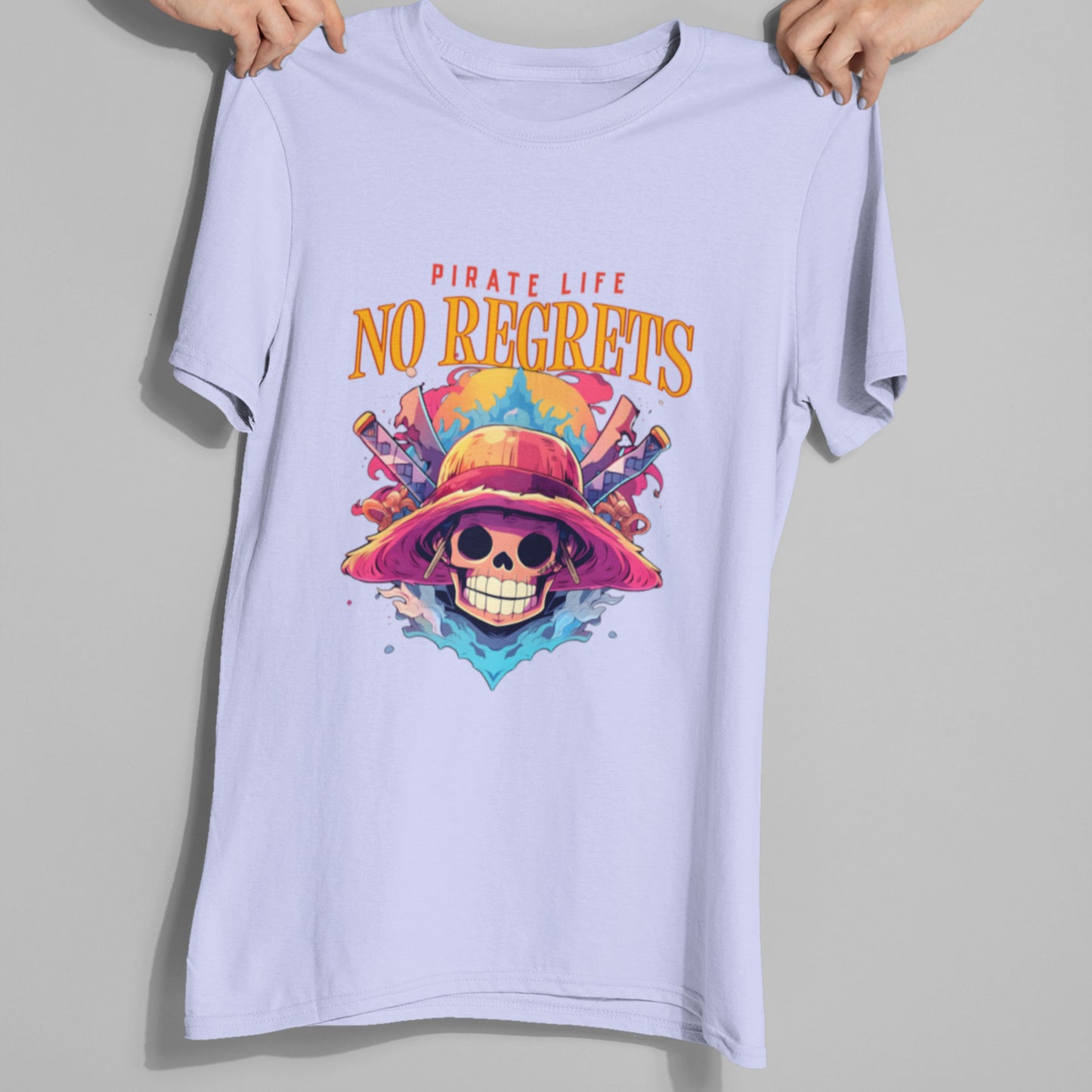 Man wearing a lavender Pirate Life T-Shirt with anime design, round neck, unisex fit