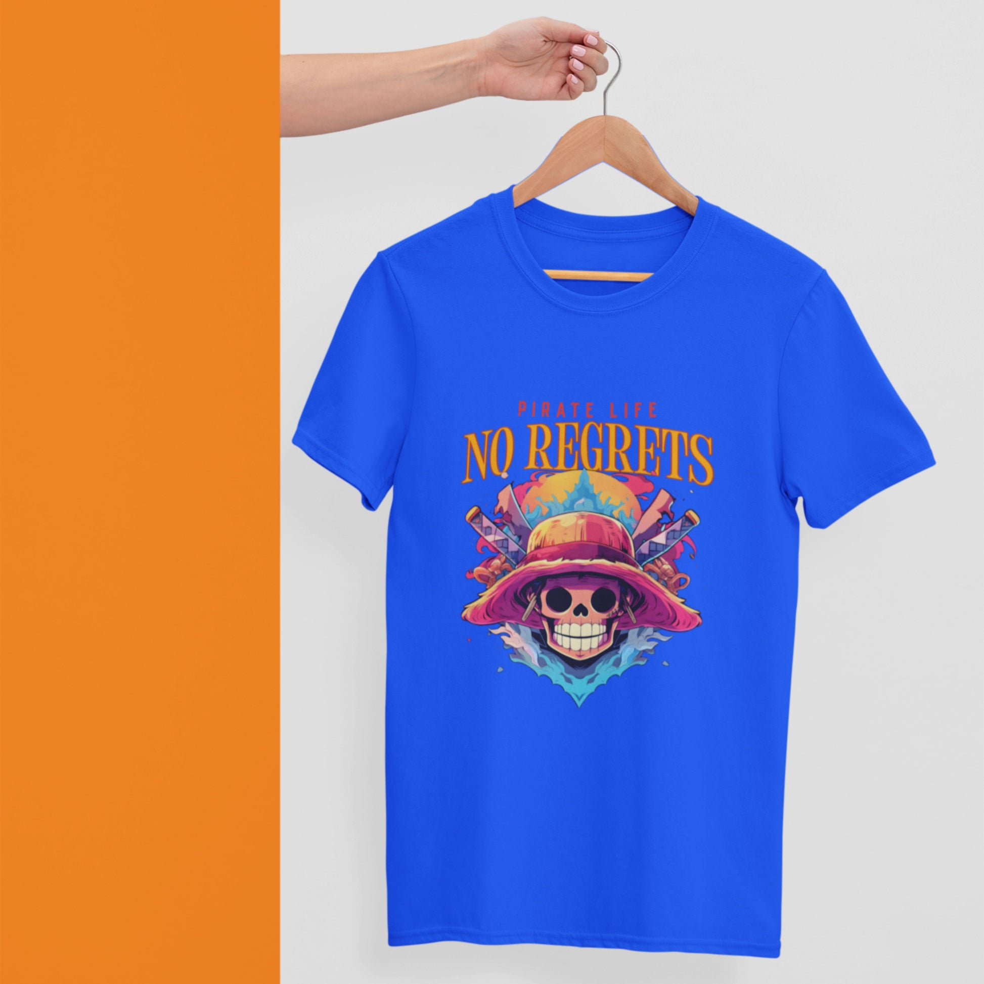 Man wearing a royal blue Pirate Life T-Shirt with anime design, round neck, unisex fit