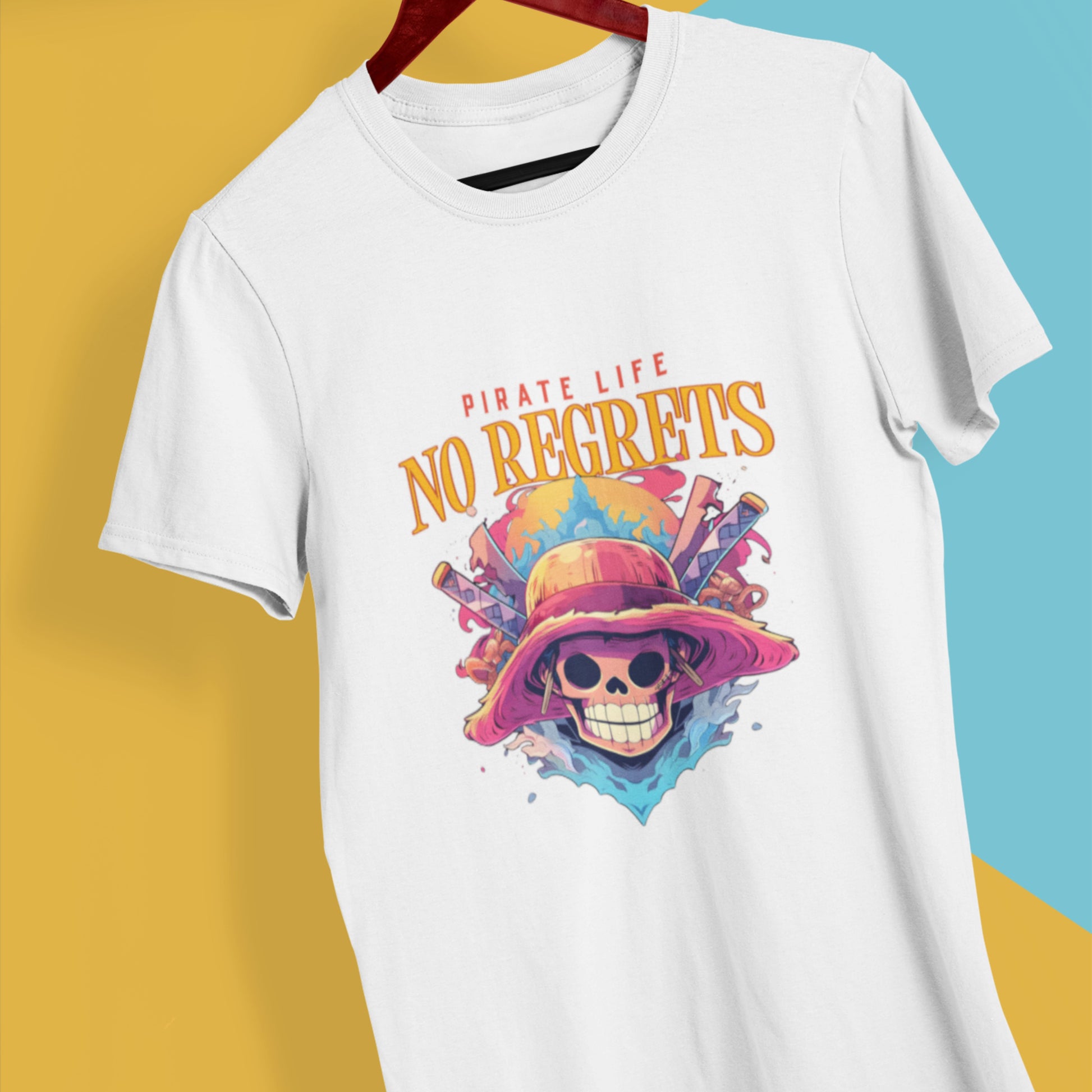 Man wearing a white Pirate Life T-Shirt with anime design, round neck, unisex fit