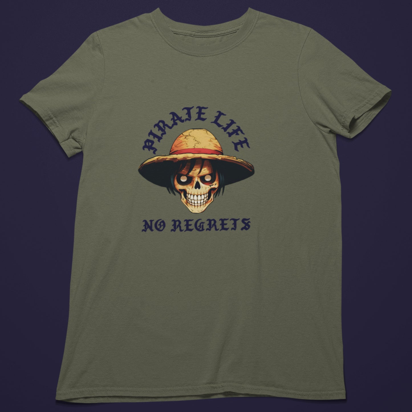 Olive Green Pirate Life T-Shirt featuring dynamic anime artwork.
