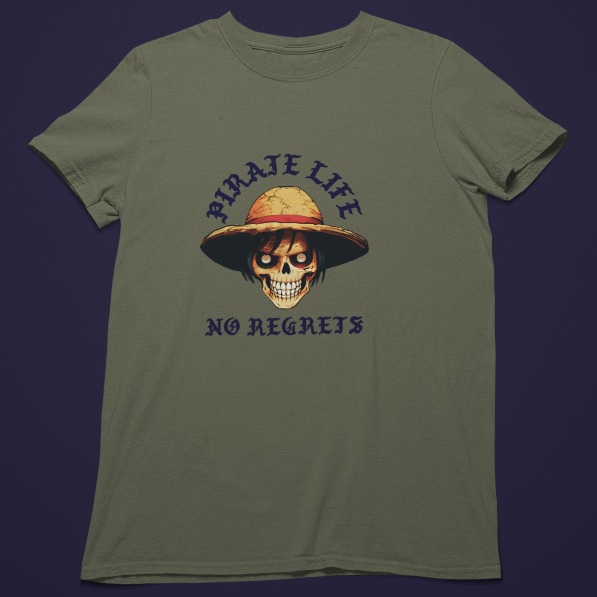 Olive Green Pirate Life T-Shirt featuring dynamic anime artwork.