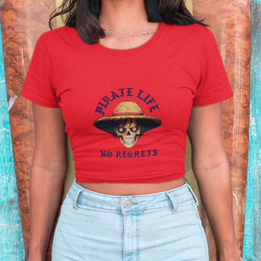 Vibrant red Pirate Life Crop Top with captivating anime graphics.