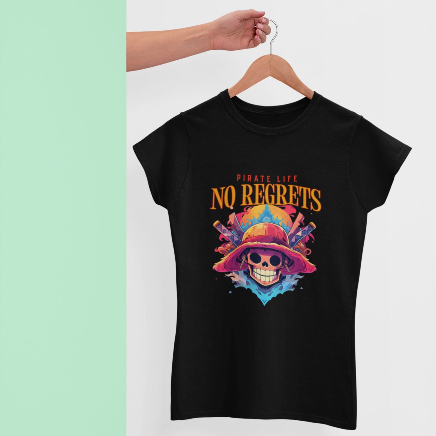 Woman wearing a black Pirate Life T-Shirt with anime design, round neck, unisex fit
