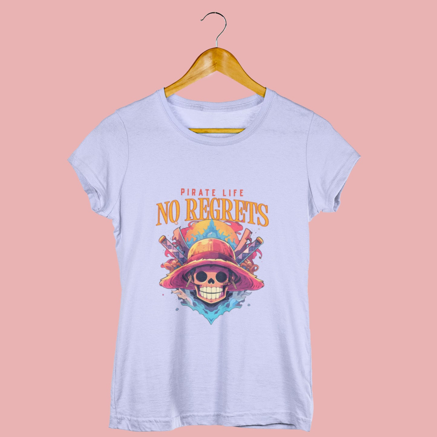 Woman wearing a lavender Pirate Life T-Shirt with anime design, round neck, unisex fit