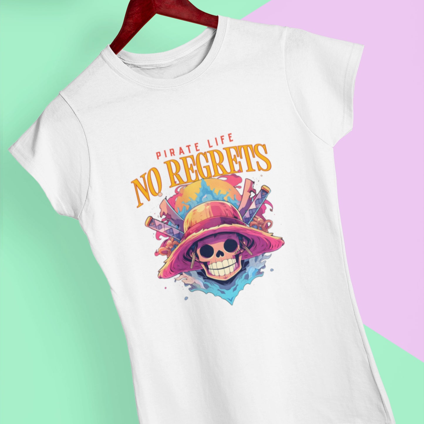 Woman wearing a white Pirate Life T-Shirt with anime design, round neck, unisex fit